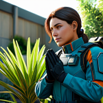 A female Valorant agent, Sage, fully clothed in her modest, professional tactical uniform. She stands in a tranquil, sunlit garden at the Valorant Protocol base, her expression serene and embodying hope. She holds a small, vibrant, futuristic plant gently in her well-formed hands. The scene is lit with soft, natural lighting, highlighting a sense of calm and care. Perfect anatomy, correct proportions, natural pose, proper finger count, natural body proportions. Safe for work, appropriate content, fully clothed, professional photography, high quality.