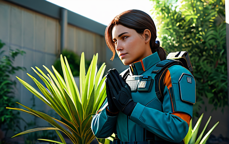 A female Valorant agent, Sage, fully clothed in her modest, professional tactical uniform. She stands in a tranquil, sunlit garden at the Valorant Protocol base, her expression serene and embodying hope. She holds a small, vibrant, futuristic plant gently in her well-formed hands. The scene is lit with soft, natural lighting, highlighting a sense of calm and care. Perfect anatomy, correct proportions, natural pose, proper finger count, natural body proportions. Safe for work, appropriate content, fully clothed, professional photography, high quality.